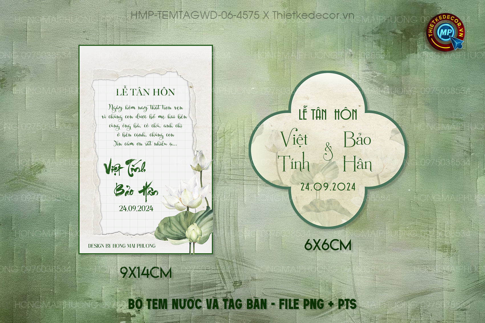 Bộ Tem nước tag bàn tone xanh lá Vintage họa tiết hoa sen